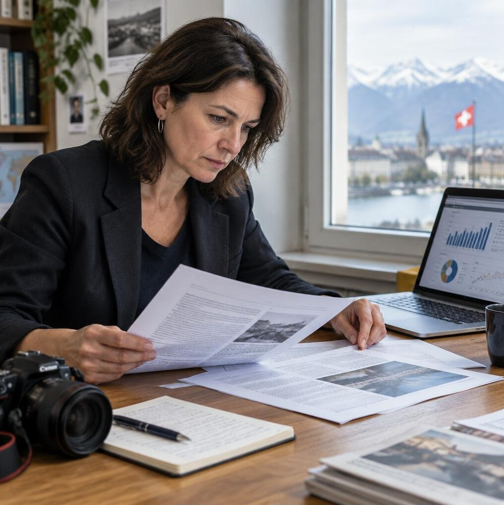 Journalist reviewing printed documents and maps at a desk