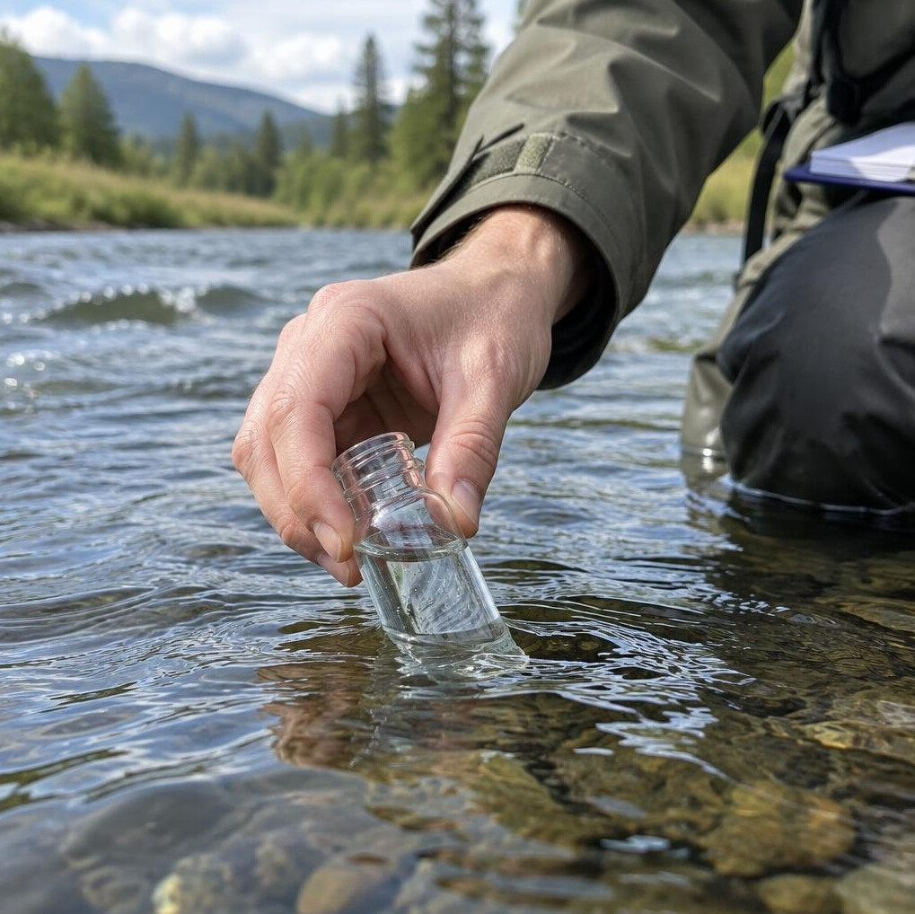 Researcher taking a water sample from a river with a glass vial