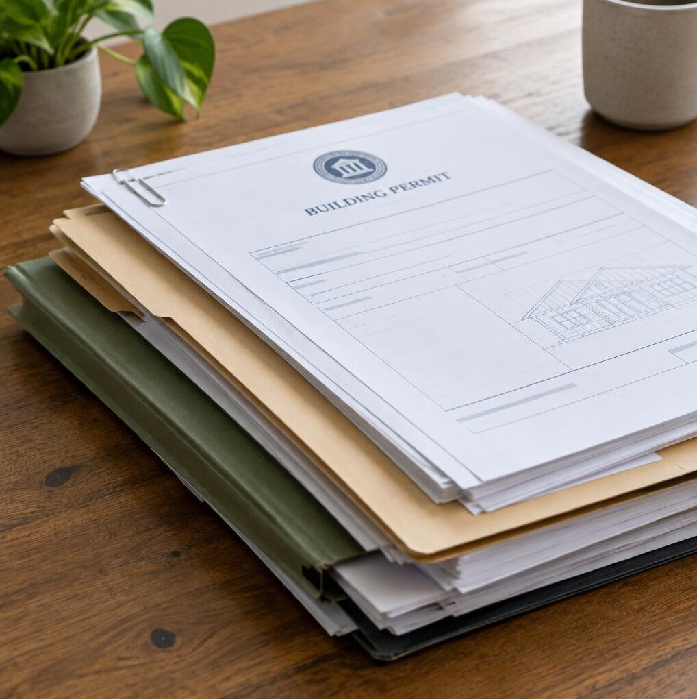 Stack of official documents and folders on a wooden table