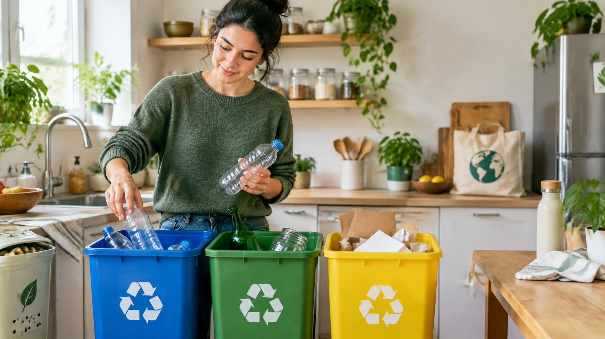 person sorting recycling at home