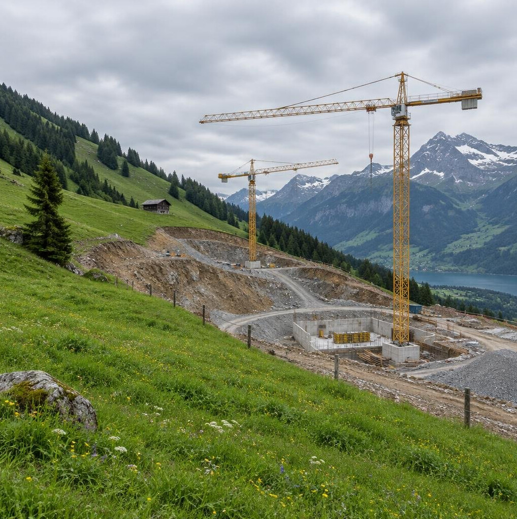 Construction cranes and excavation on a green alpine hillside