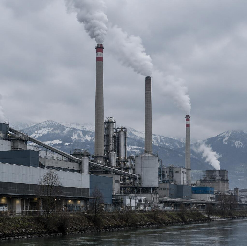 Industrial factory exterior with smoke stacks against a grey sky