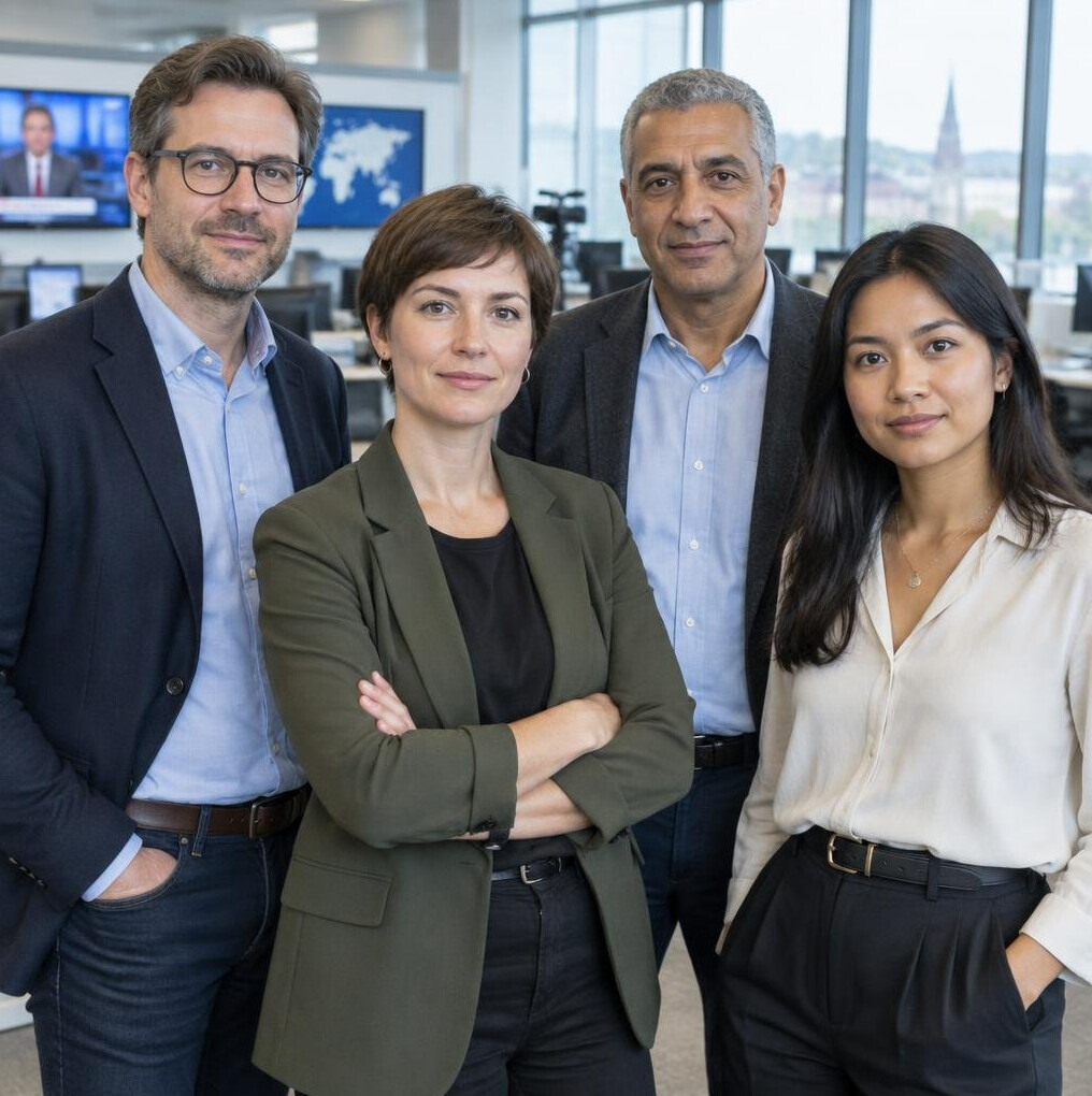 A diverse team of four journalists standing together in a newsroom